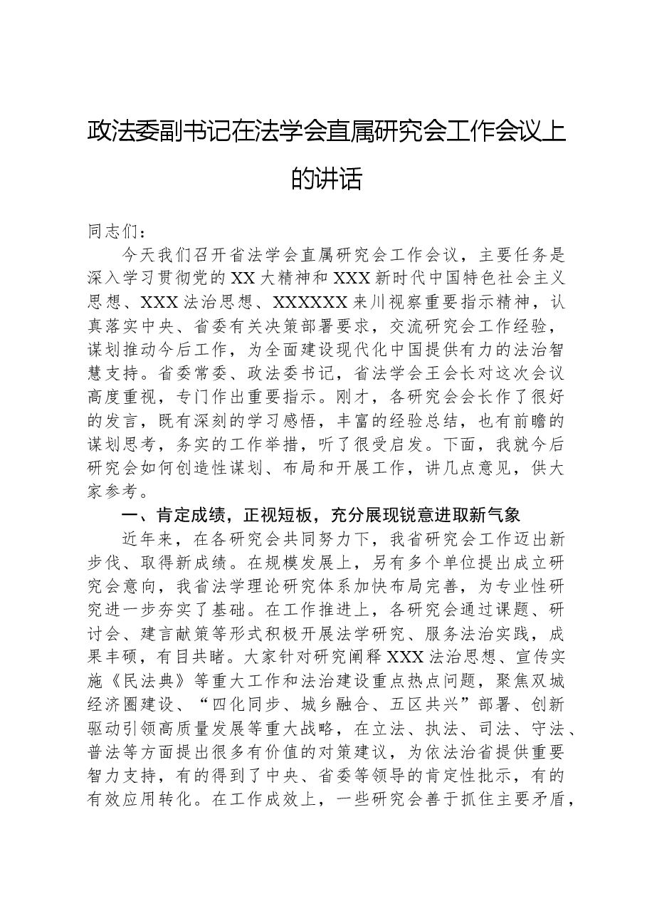 政法委副书记在法学会直属研究会工作会议上的讲话.docx,第1页预览