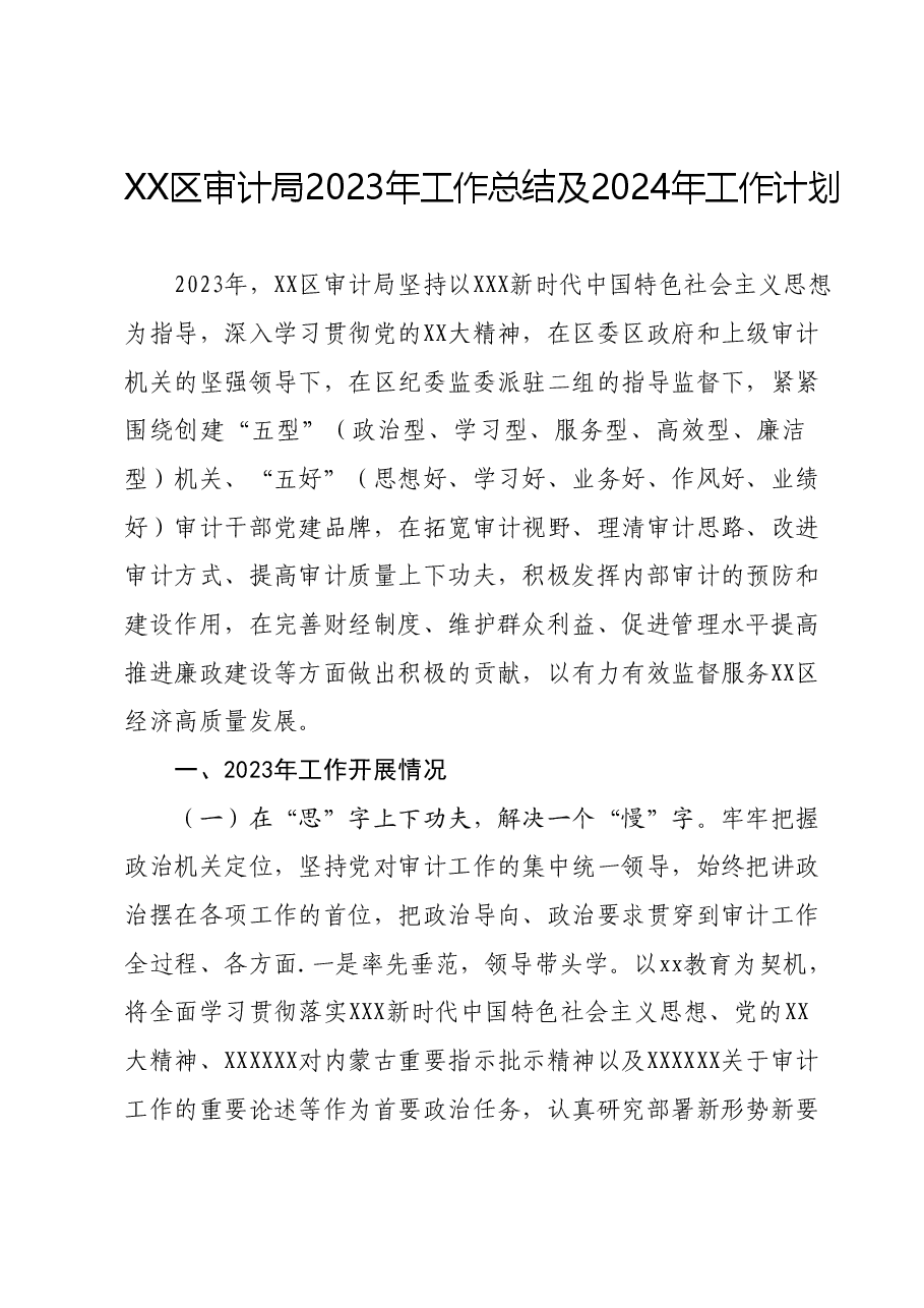 XX区审计局2023年工作总结及2024年工作计划.docx,第1页预览