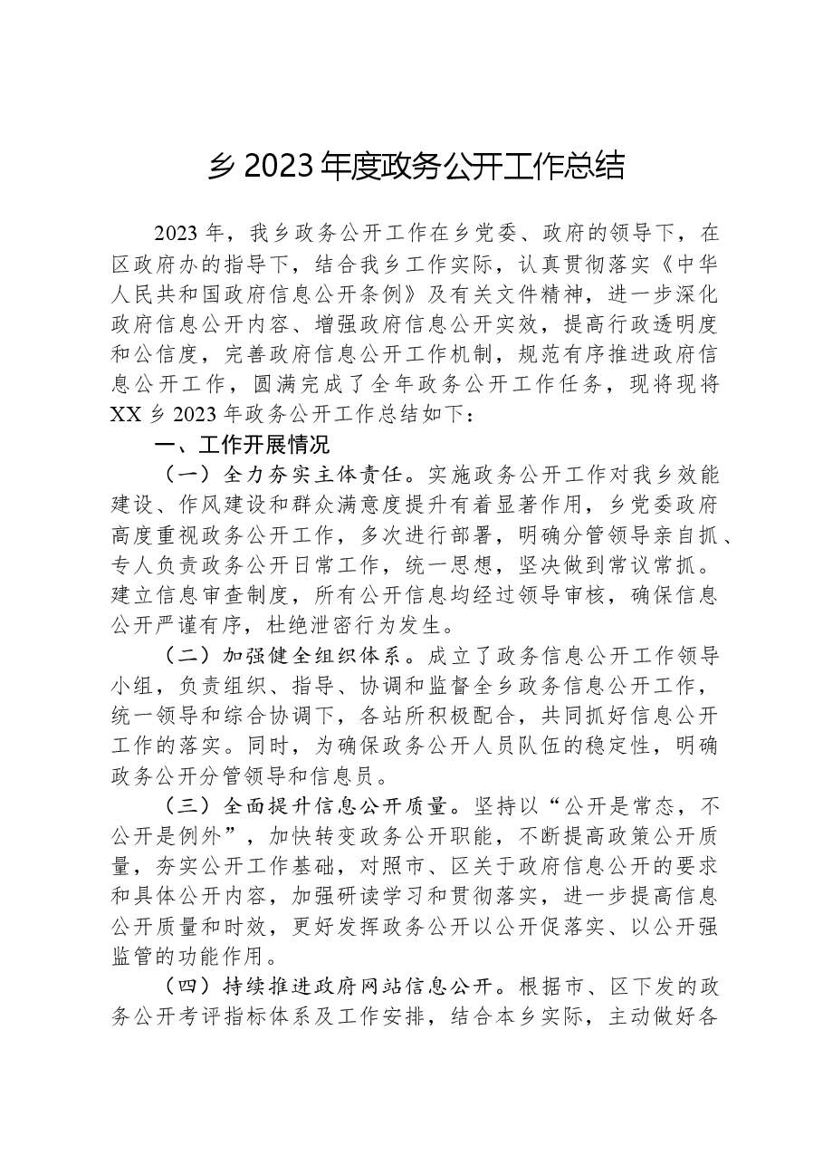 乡2023年度政务公开工作总结.docx,第1页预览
