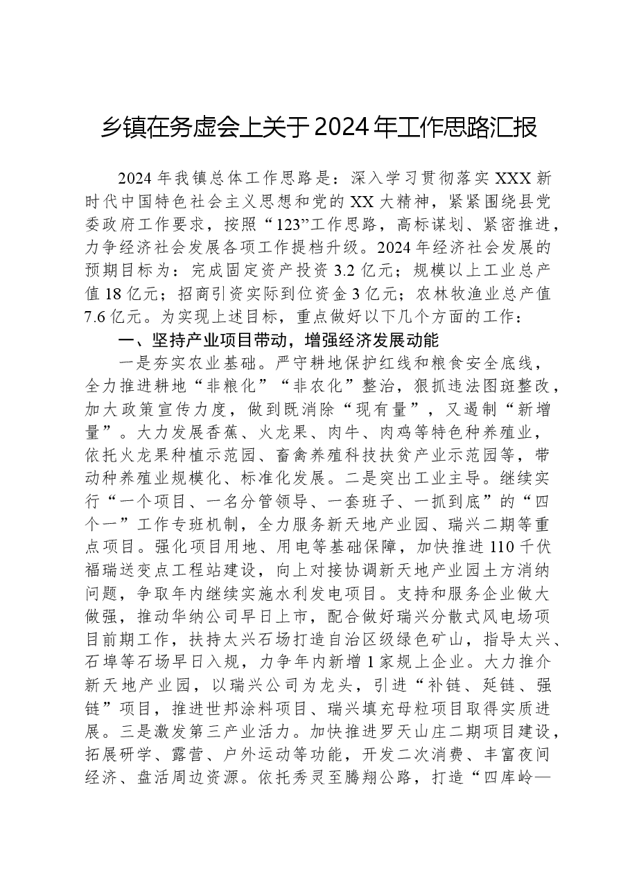 乡镇在务虚会上关于2024年工作思路汇报.docx,第1页预览