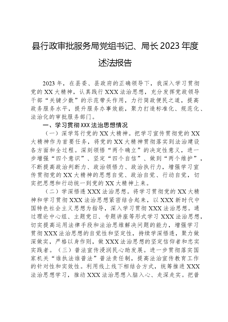 县行政审批服务局党组书记、局长2023年度述法报告.docx，第1页预览