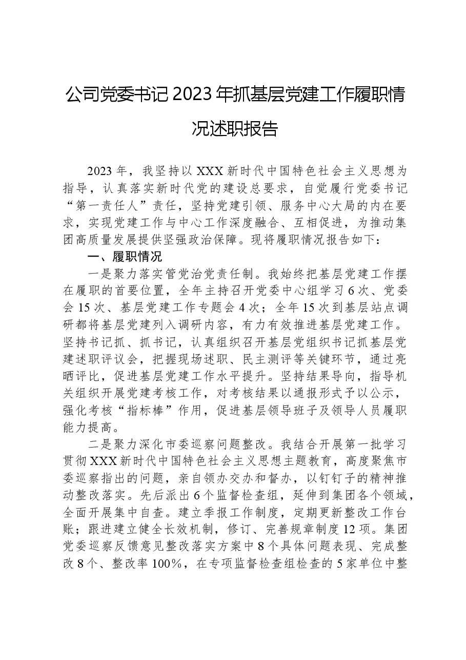 公司党委书记2023年抓基层党建工作履职情况述职报告.docx,第1页预览