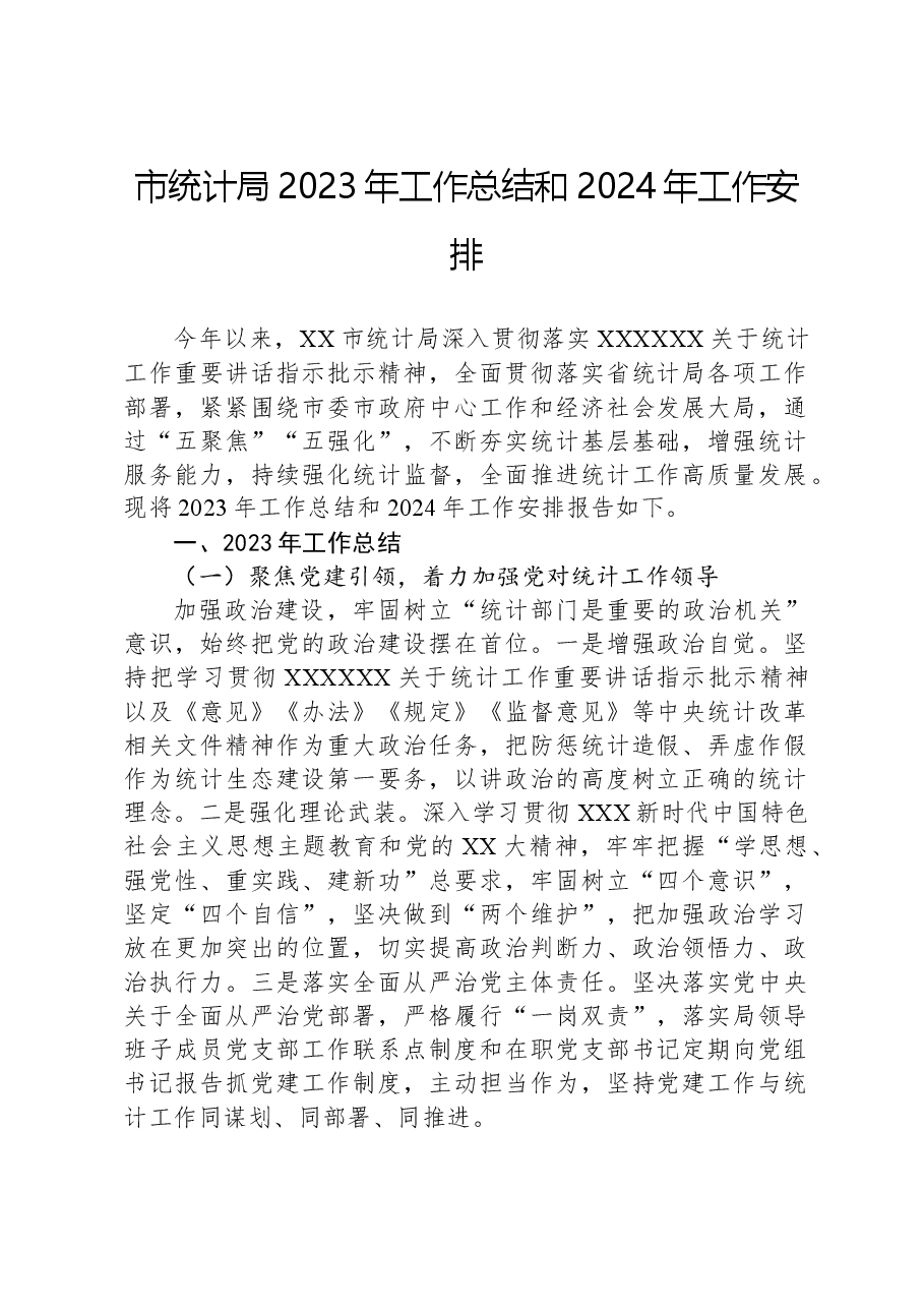 市统计局2023年工作总结和2024年工作安排.docx，第1页预览