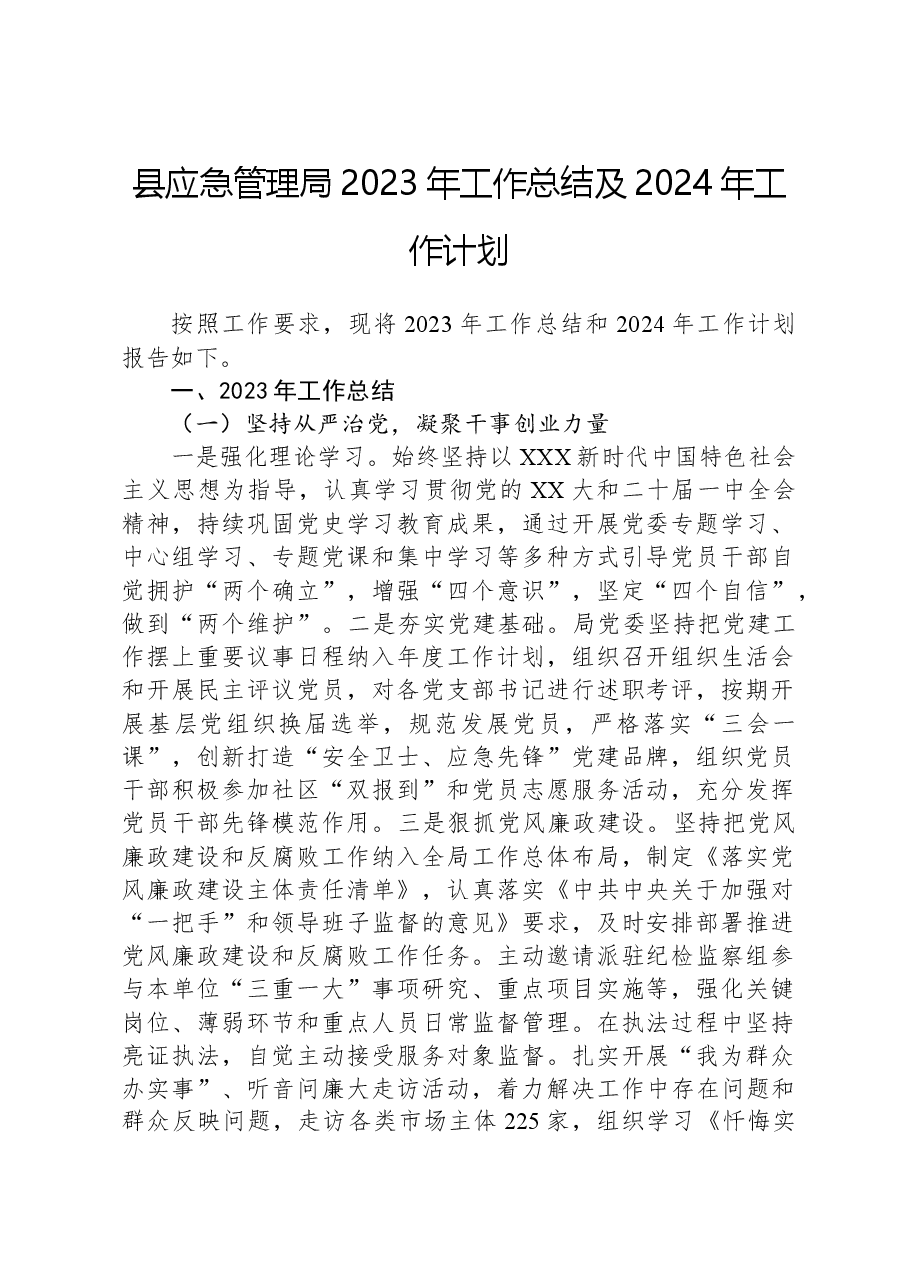 县应急管理局2023年工作总结及2024年工作计划.docx，第1页预览