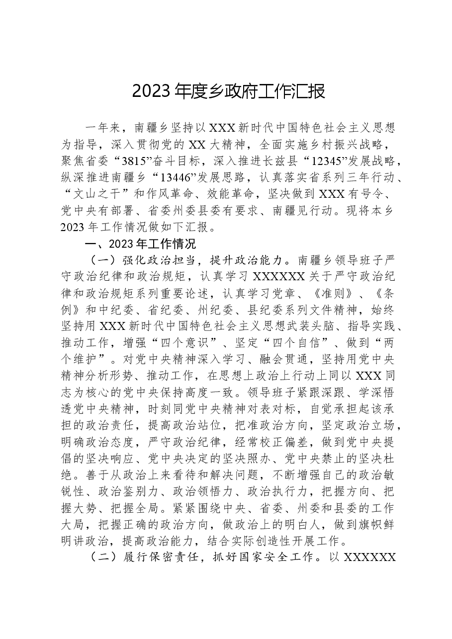 2023年度乡政府工作汇报.docx，第1页预览