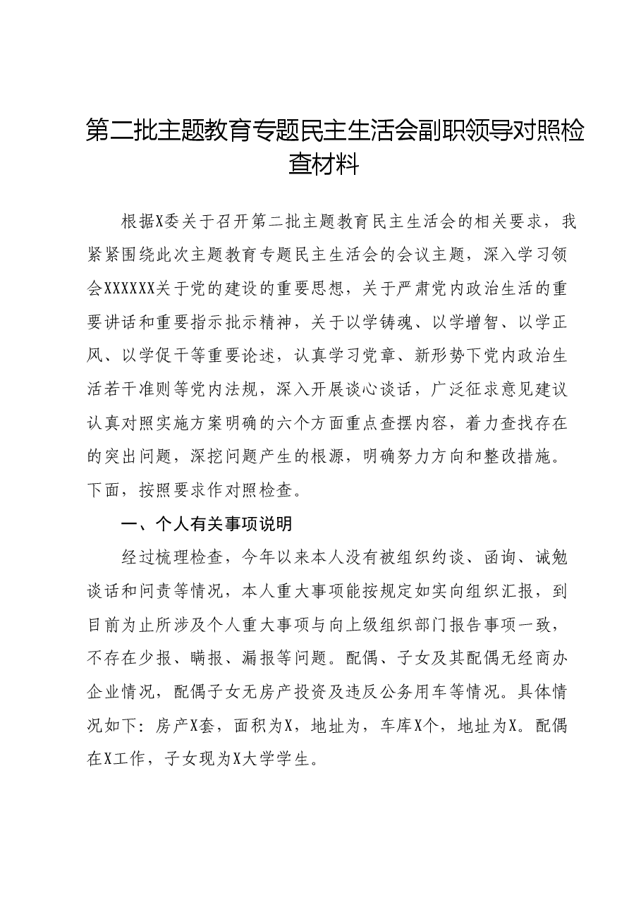第二批主题教育专题民主生活会副职领导对照检查材料.docx,第1页预览