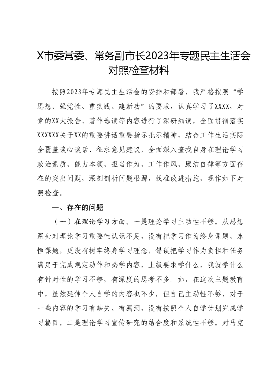 X市委常委、常务副市长2023年专题民主生活会对照检查材料.docx,第1页预览