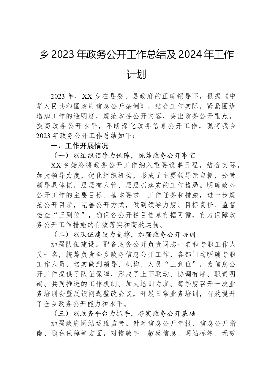 乡2023年政务公开工作总结及2024年工作计划.docx,第1页预览