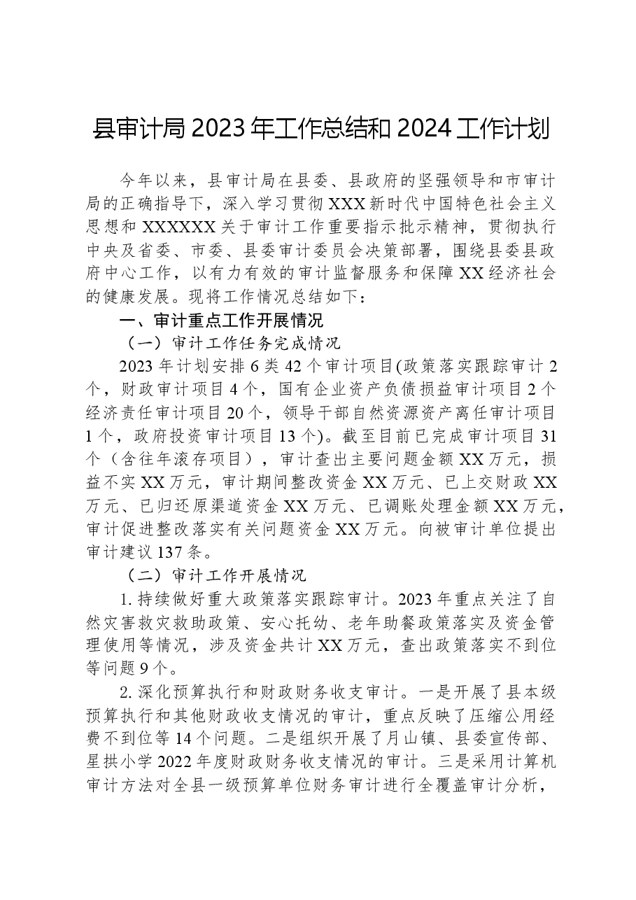 县审计局2023年工作总结和2024工作计划.docx,第1页预览