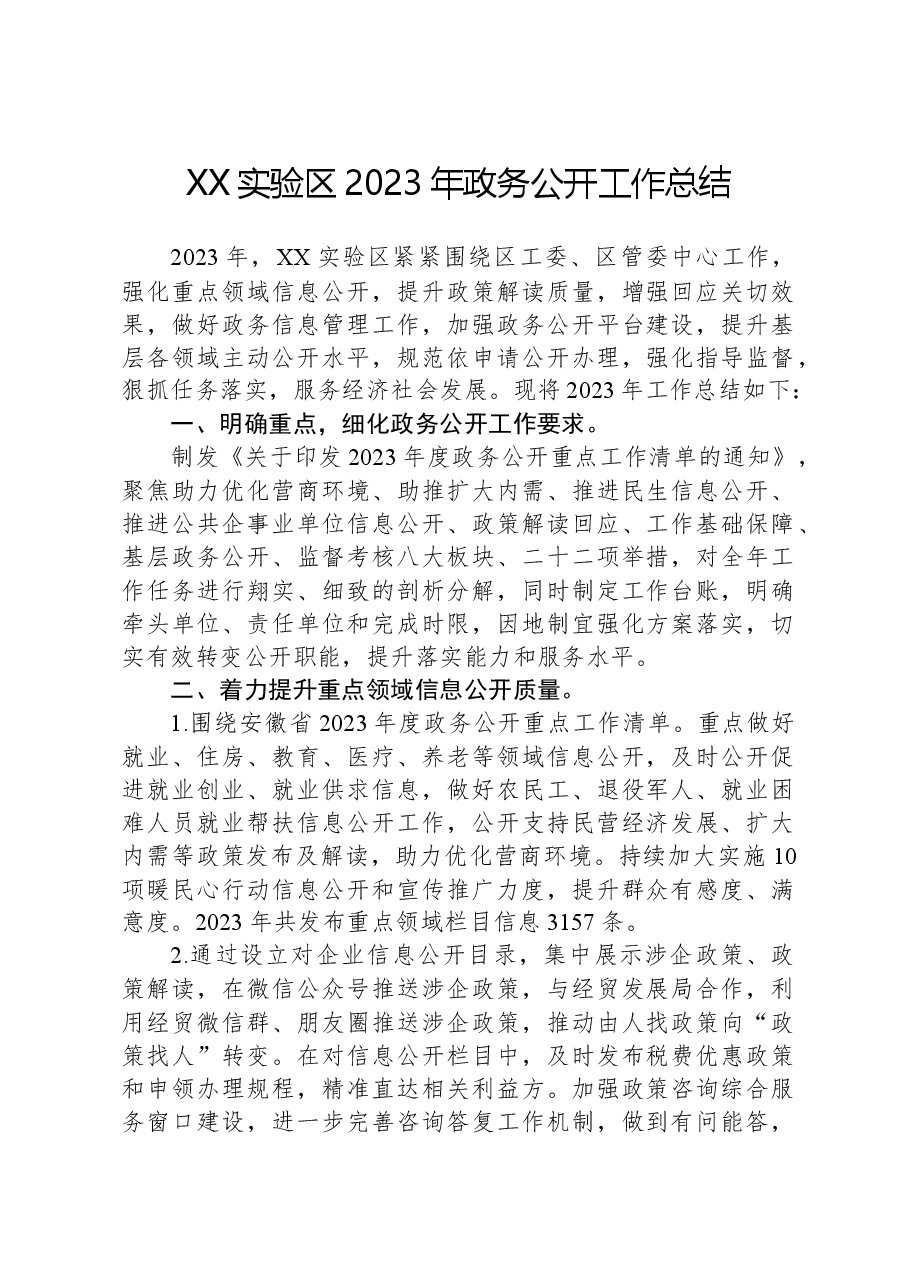 XX实验区2023年政务公开工作总结.docx,第1页预览