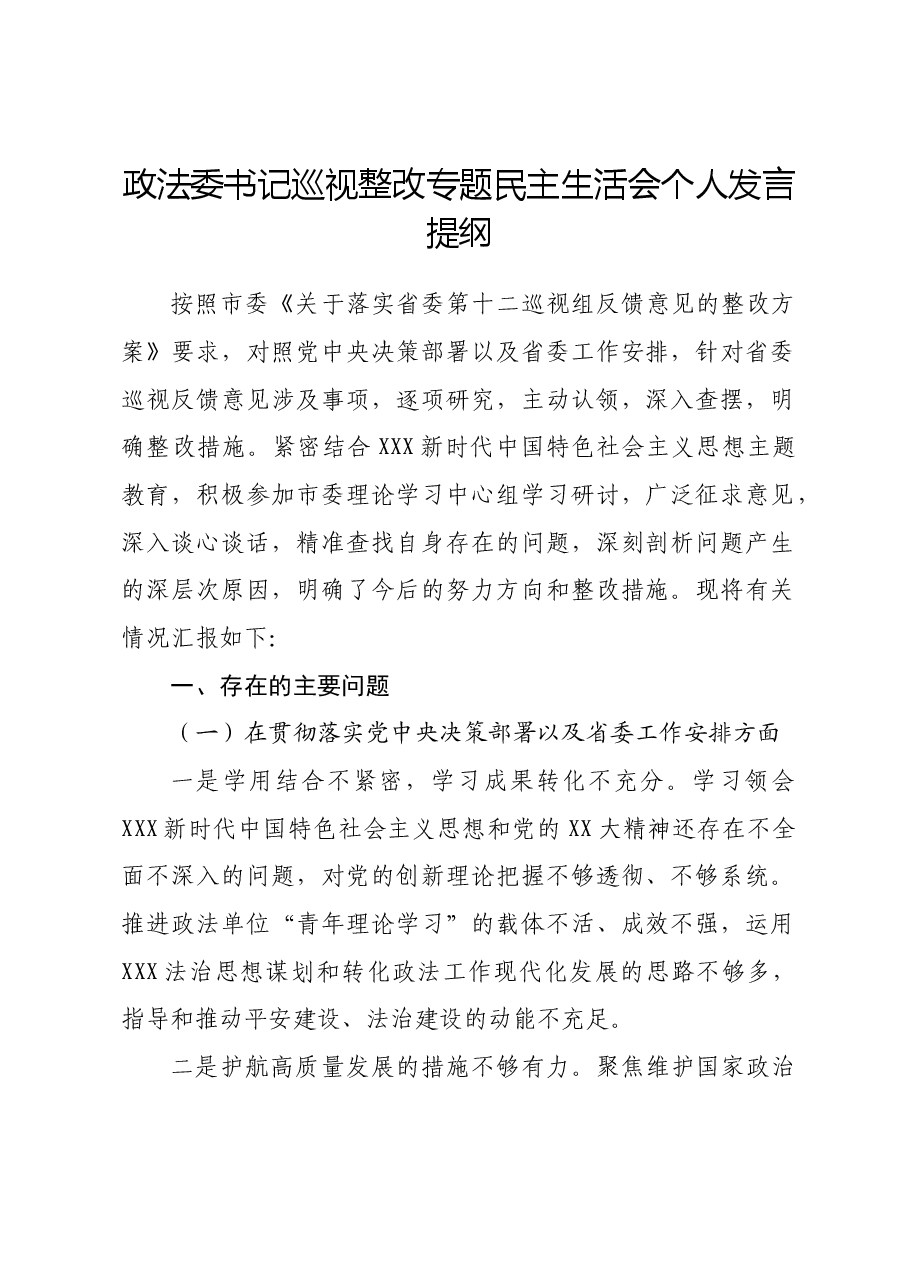 政法委书记巡视整改专题民主生活会个人发言提纲.docx,第1页预览