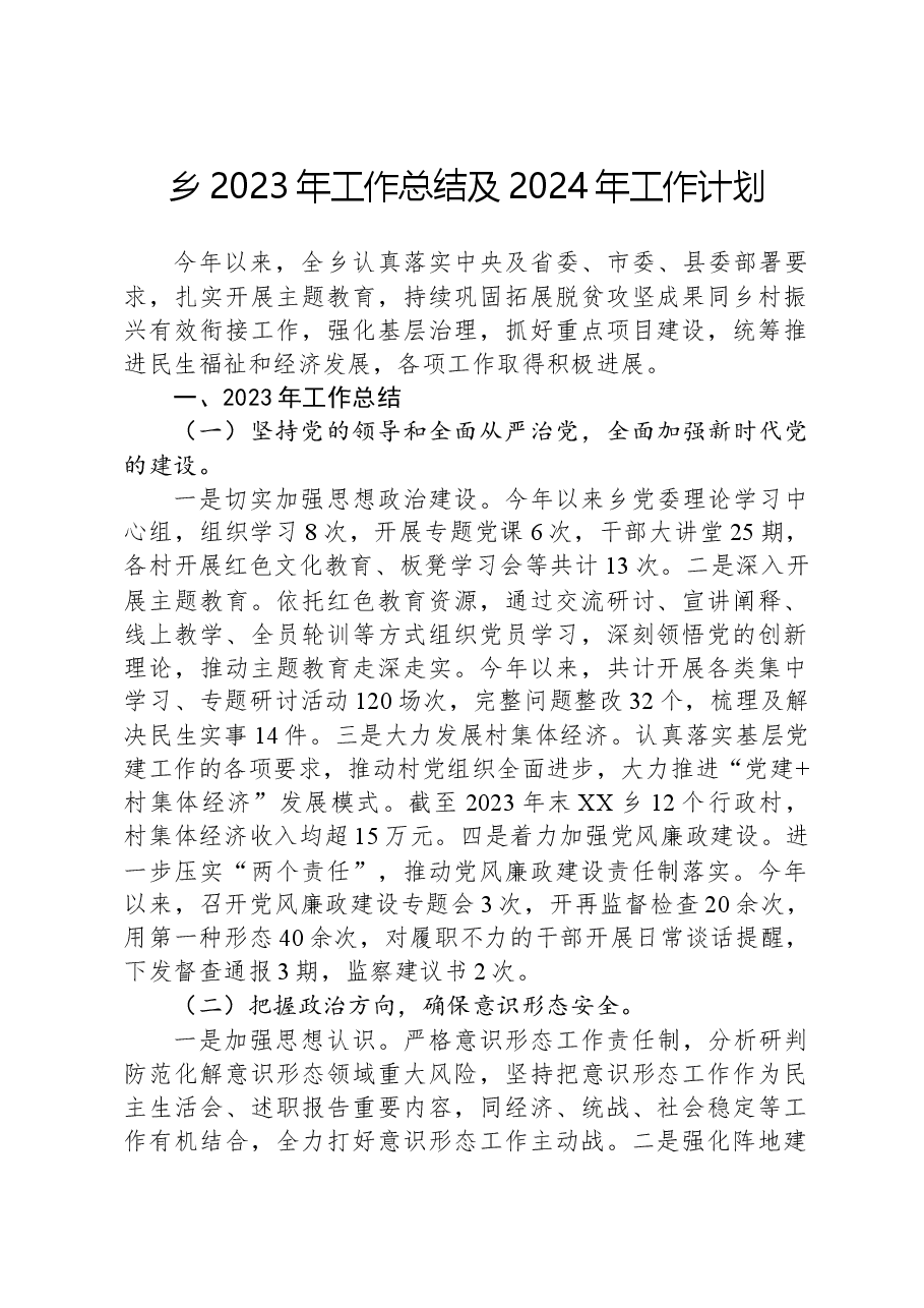 乡2023年工作总结及2024年工作计划1220.docx,第1页预览