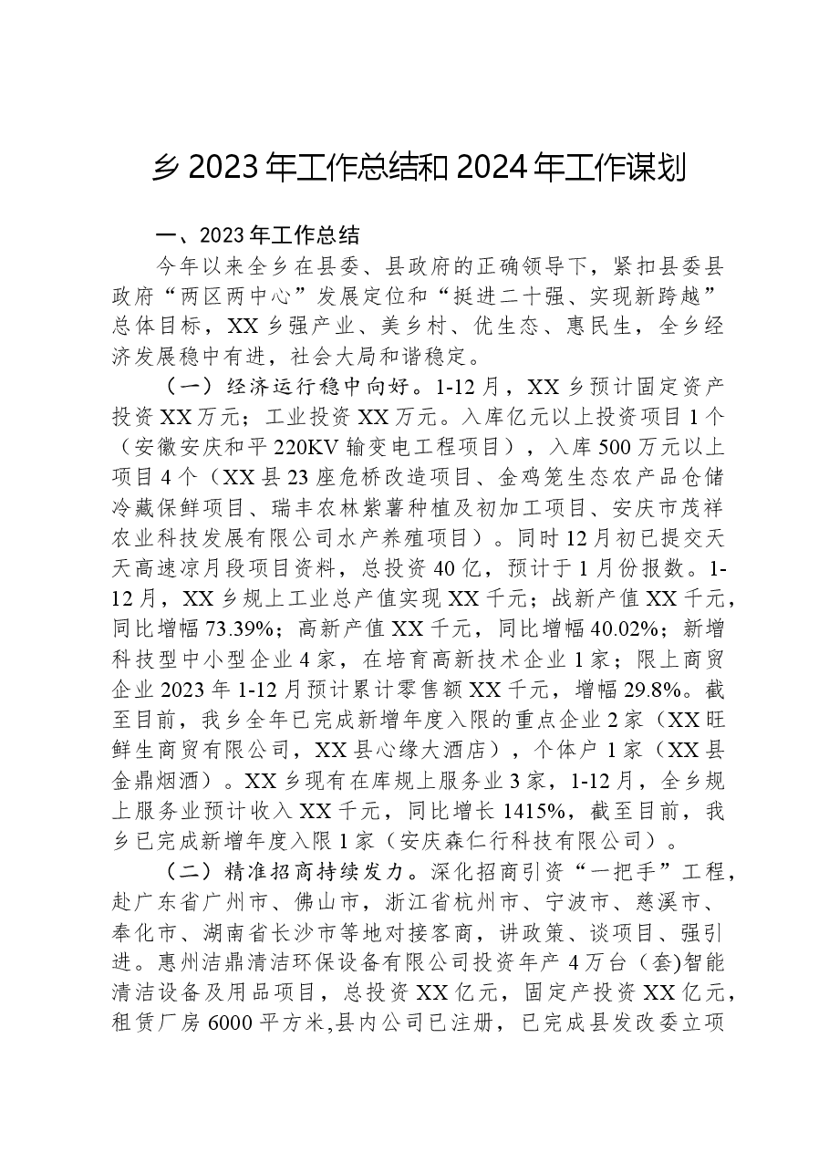 乡2023年工作总结和2024年工作谋划.docx,第1页预览
