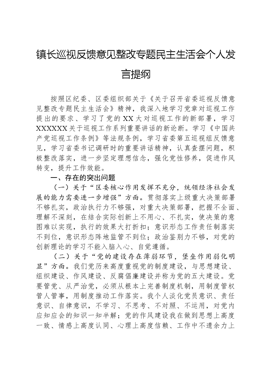 镇长巡视反馈意见整改专题民主生活会个人发言提纲.docx,第1页预览