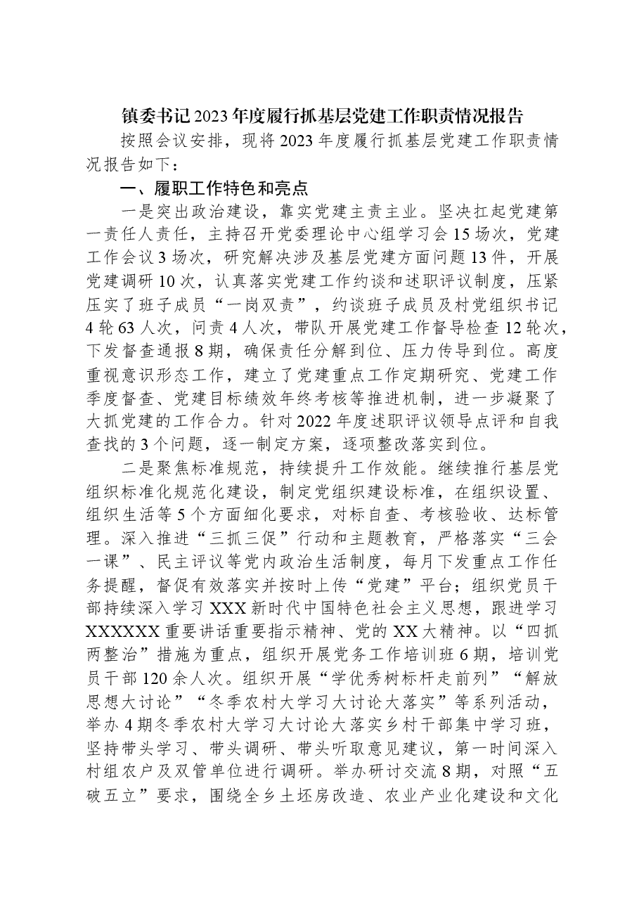 镇委书记2023年度履行抓基层党建工作职责情况报告.docx,第1页预览