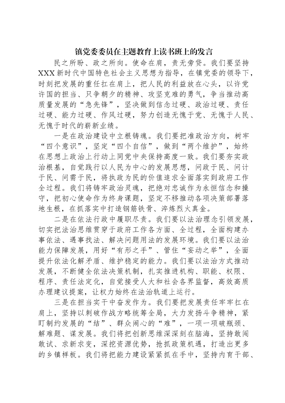 镇党委委员在主题教育上读书班上的发言.docx,第1页预览