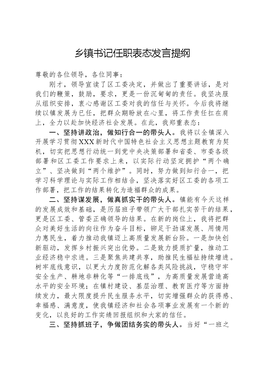 乡镇书记任职表态发言提纲.docx,第1页预览