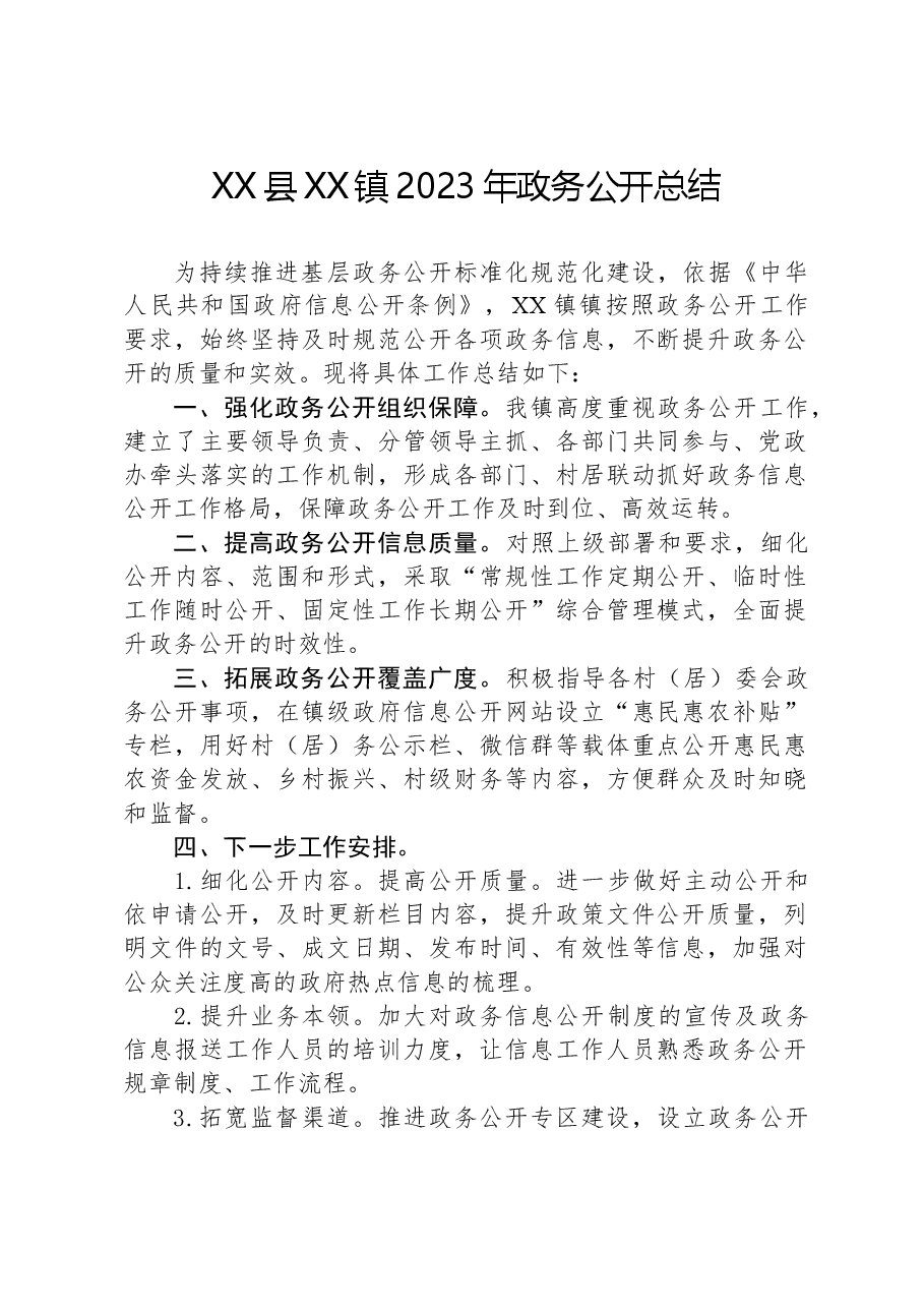 XX县XX镇2023年政务公开总结.docx,第1页预览