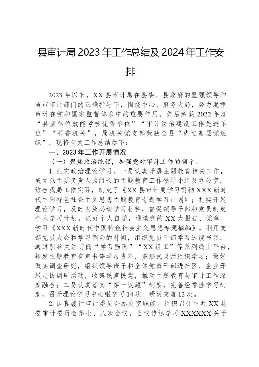 县审计局2023年工作总结及2024年工作安排.docx,第1页预览