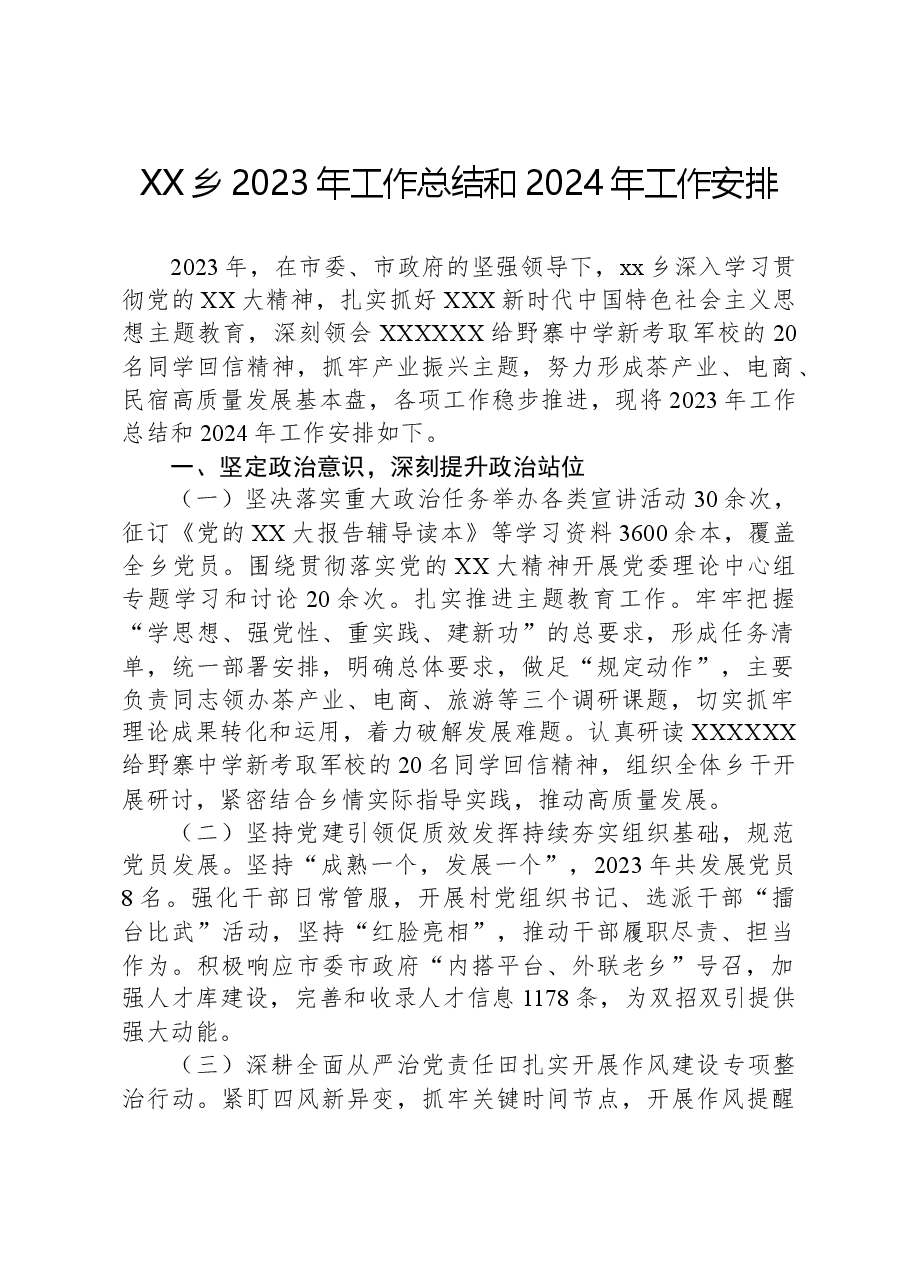 XX乡2023年工作总结和2024年工作安排.docx,第1页预览