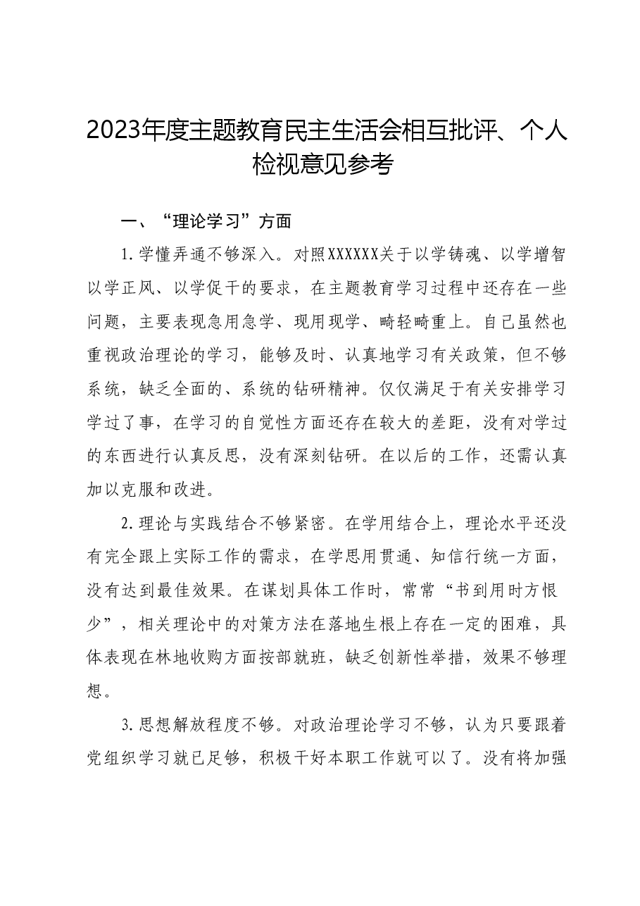 2023年度主题教育民主生活会相互批评、个人检视意见参考.docx,第1页预览