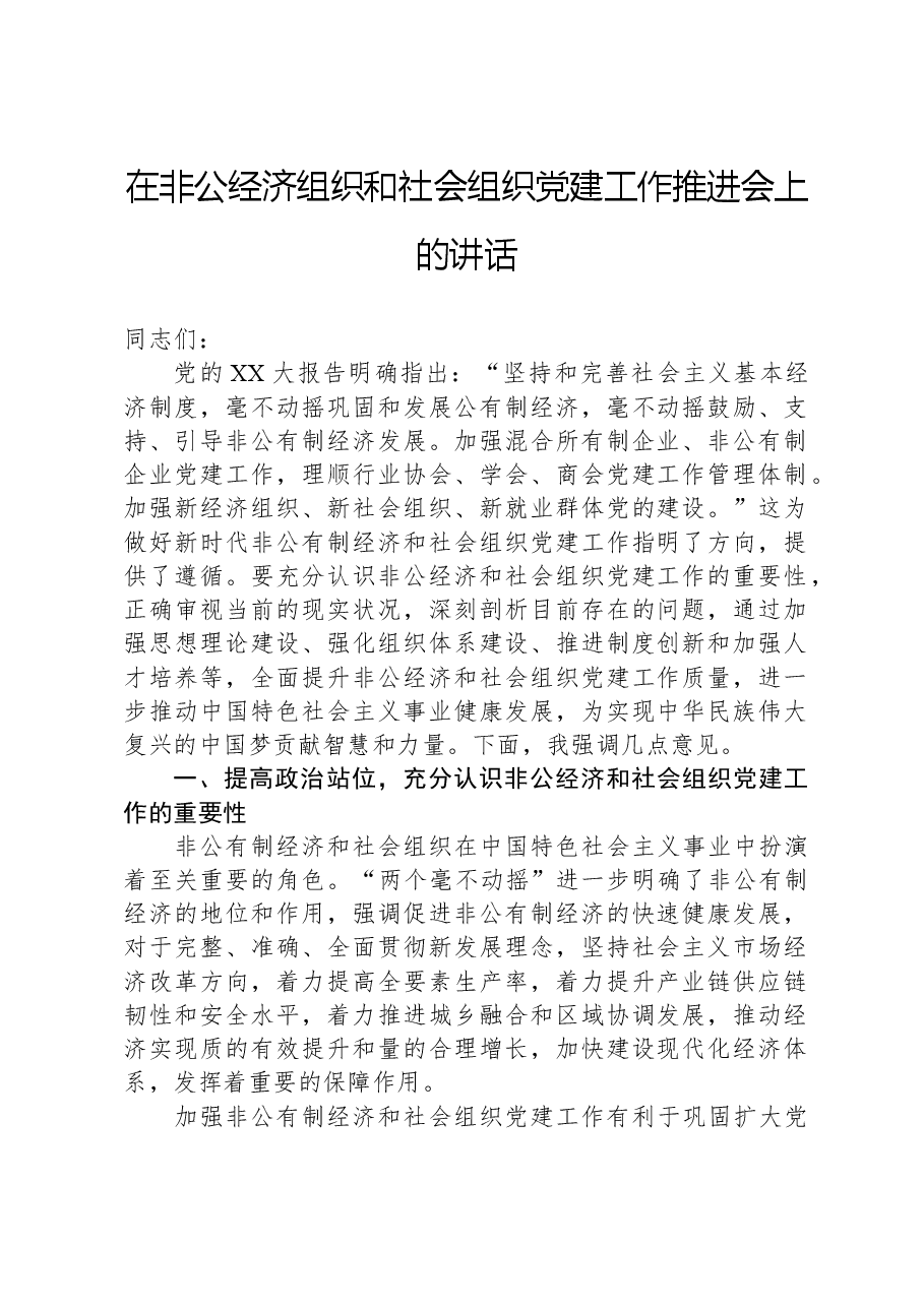 在非公经济组织和社会组织党建工作推进会上的讲话.docx,第1页预览