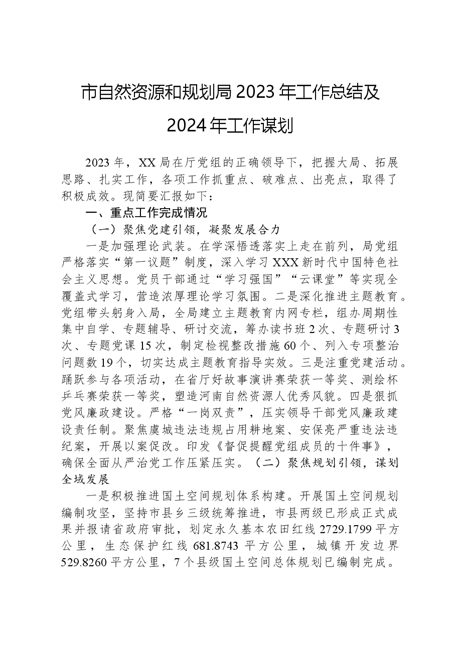 市自然资源和规划局2023年工作总结及2024年工作谋划.docx,第1页预览