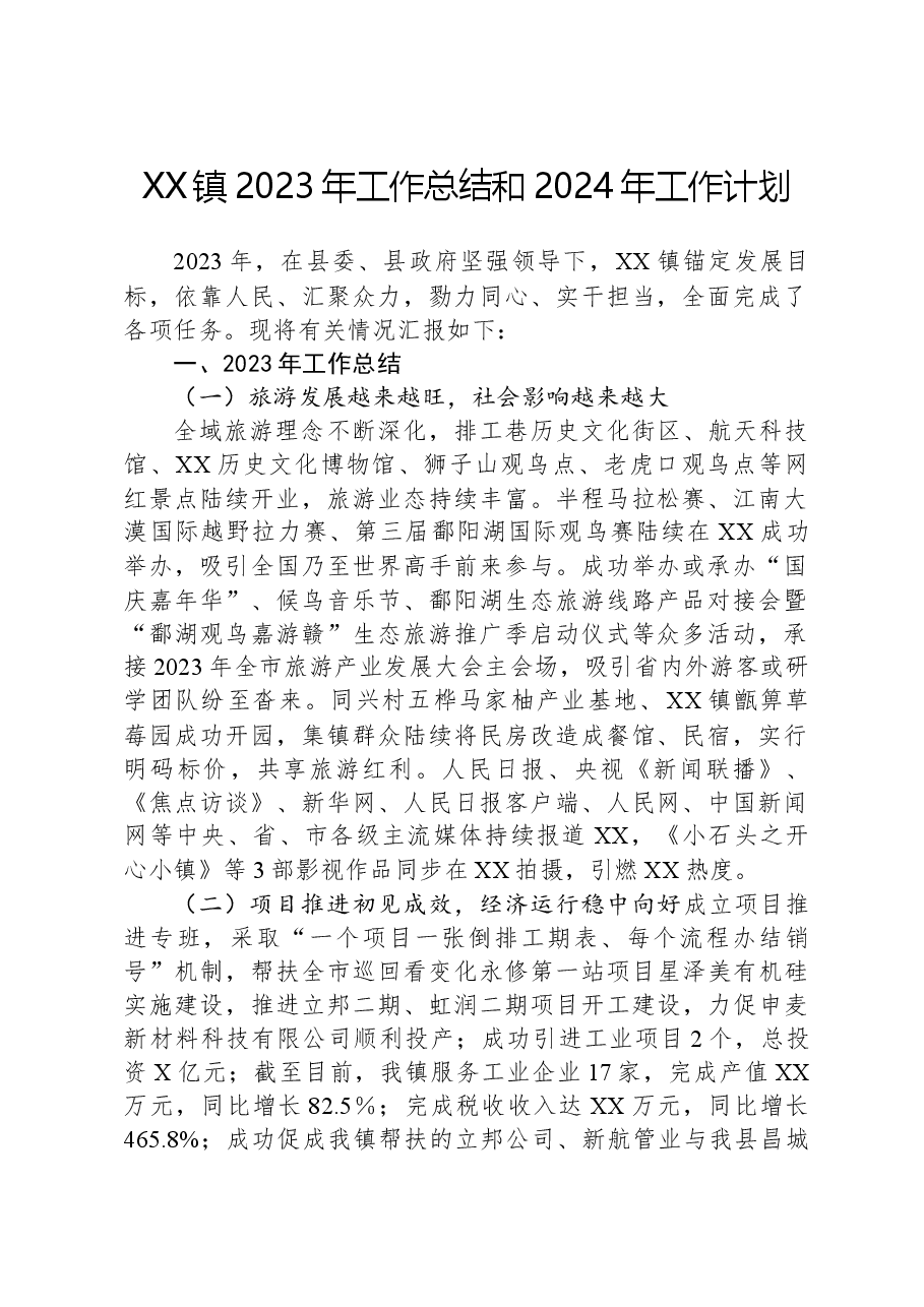 XX镇2023年工作总结和2024年工作计划.docx,第1页预览