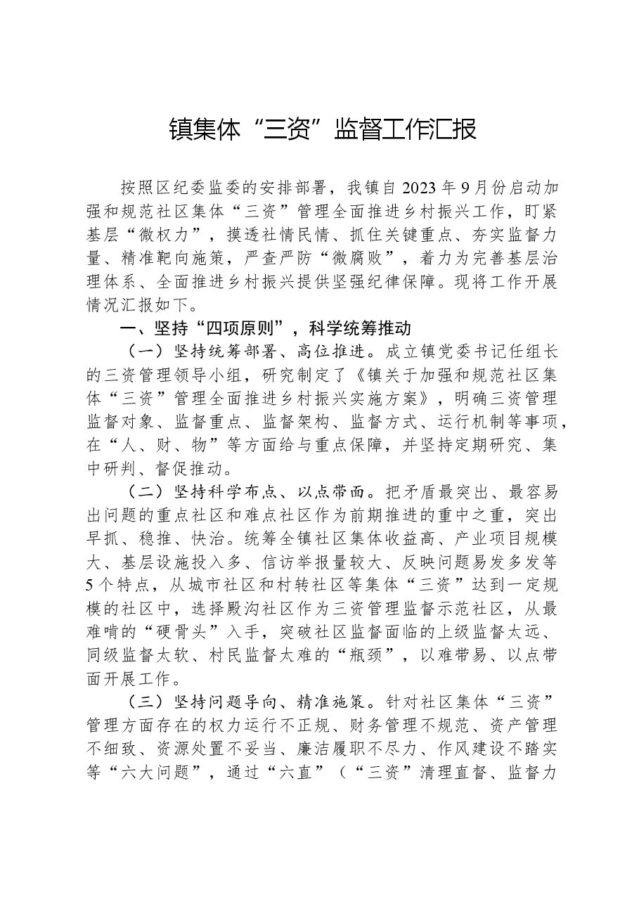 镇集体“三资”监督工作汇报.docx,第1页预览