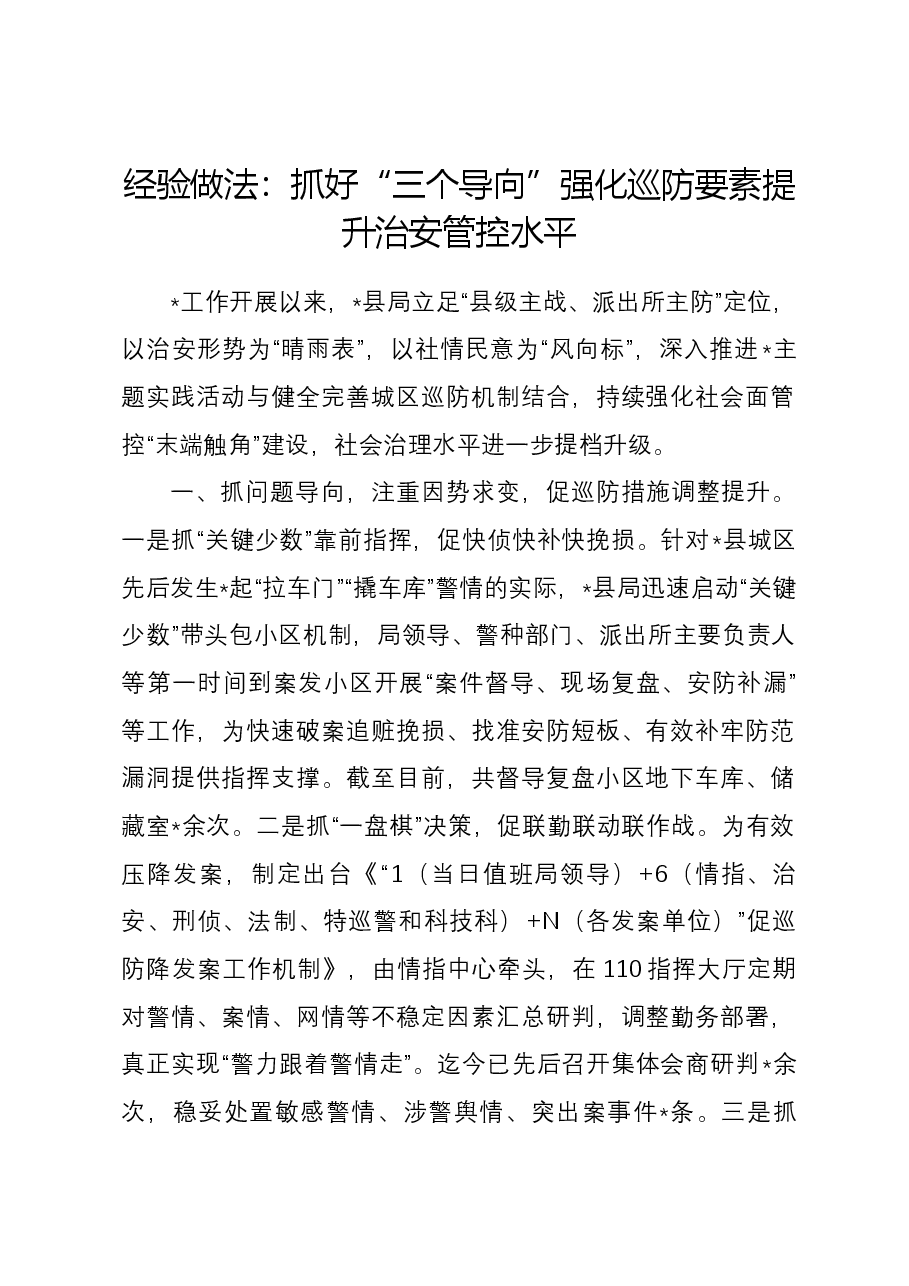 经验做法:抓好“三个导向” 强化巡防要素 提升治安管控水平.docx,第1页预览