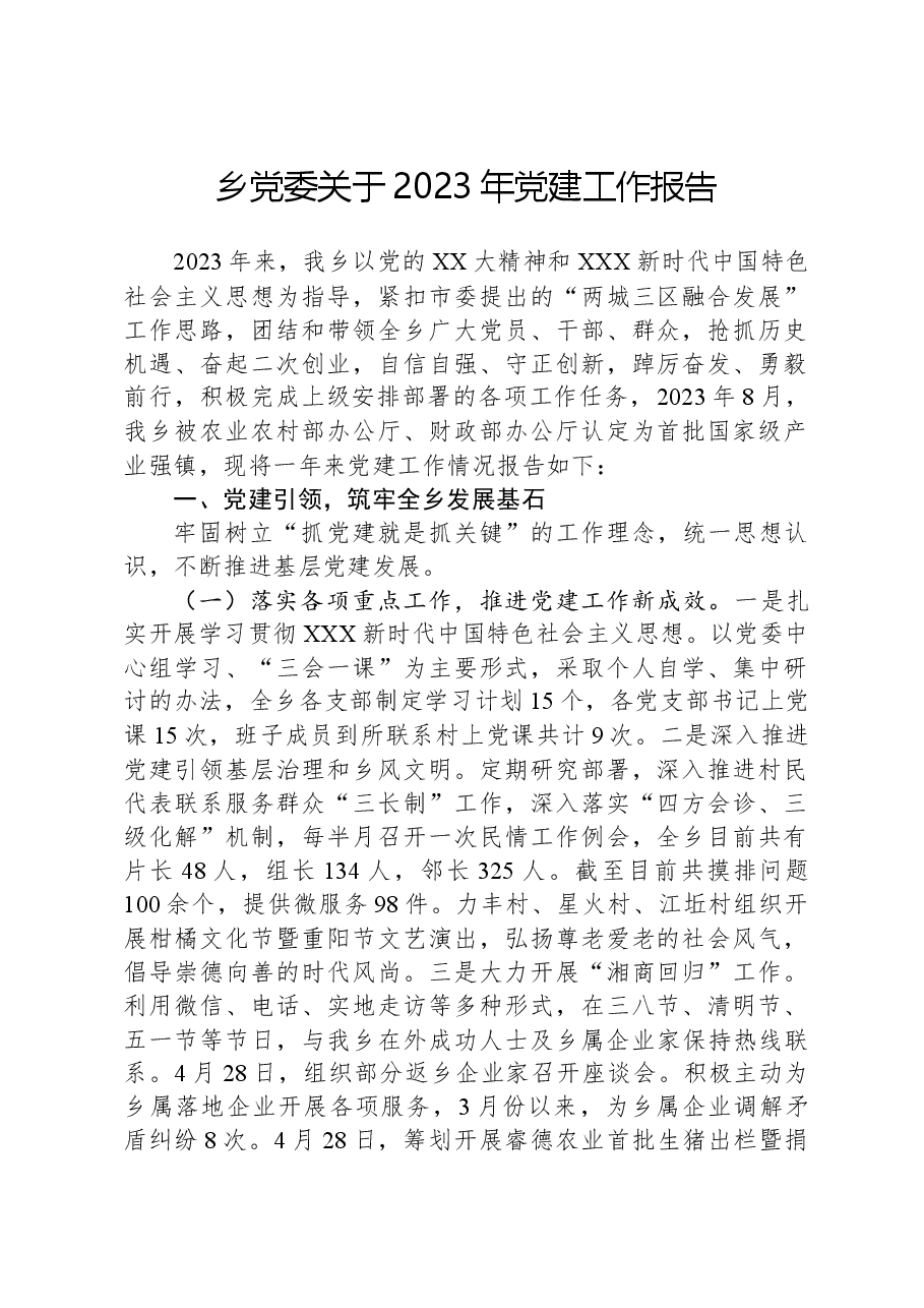 乡党委关于2023年党建工作报告.docx,第1页预览