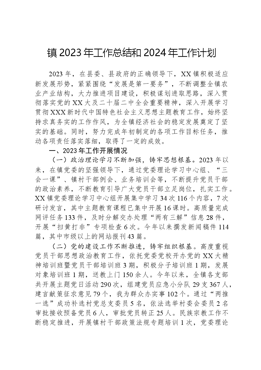 镇2023年工作总结和2024年工作计划01.docx,第1页预览