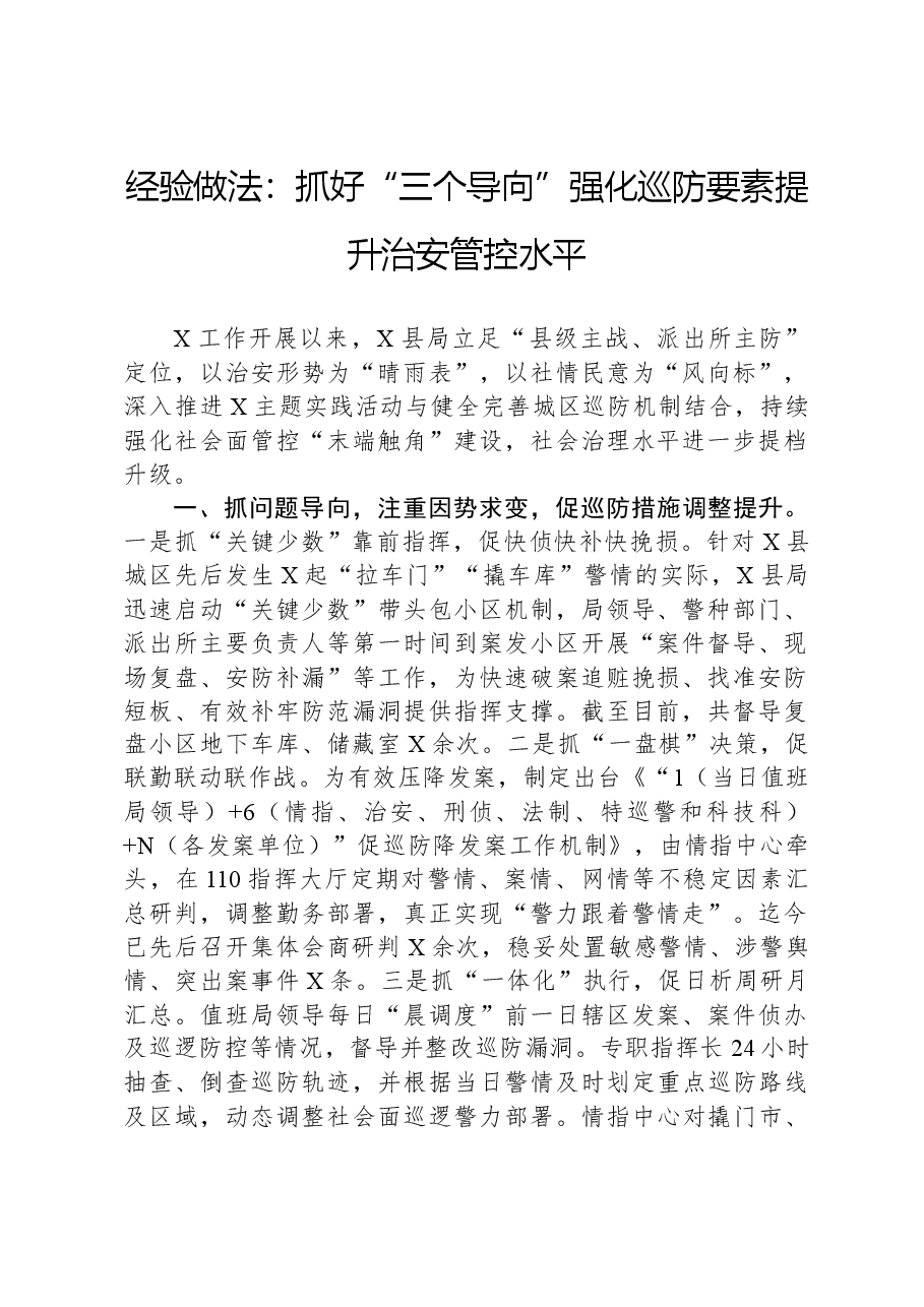经验做法：抓好“三个导向”，强化巡防要素，提升治安管控水平.docx，第1页预览