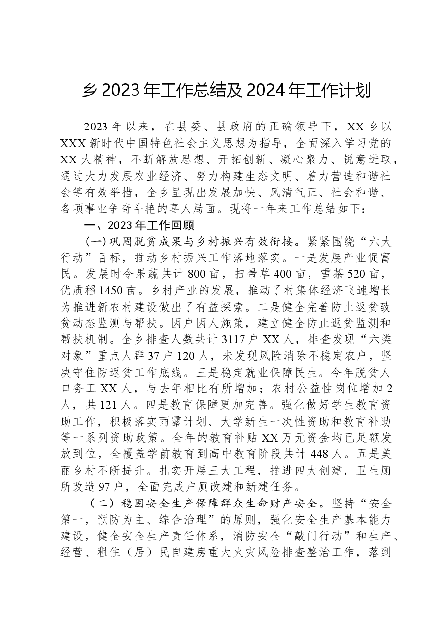 乡2023年工作总结及2024年工作计划01.docx,第1页预览