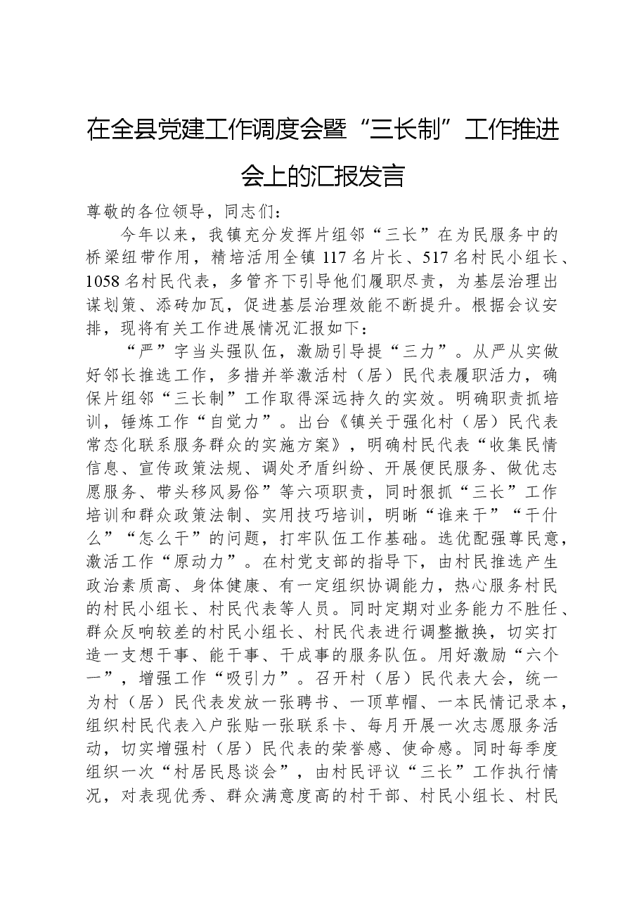 在全县党建工作调度会暨“三长制”工作推进会上的汇报发言.docx,第1页预览