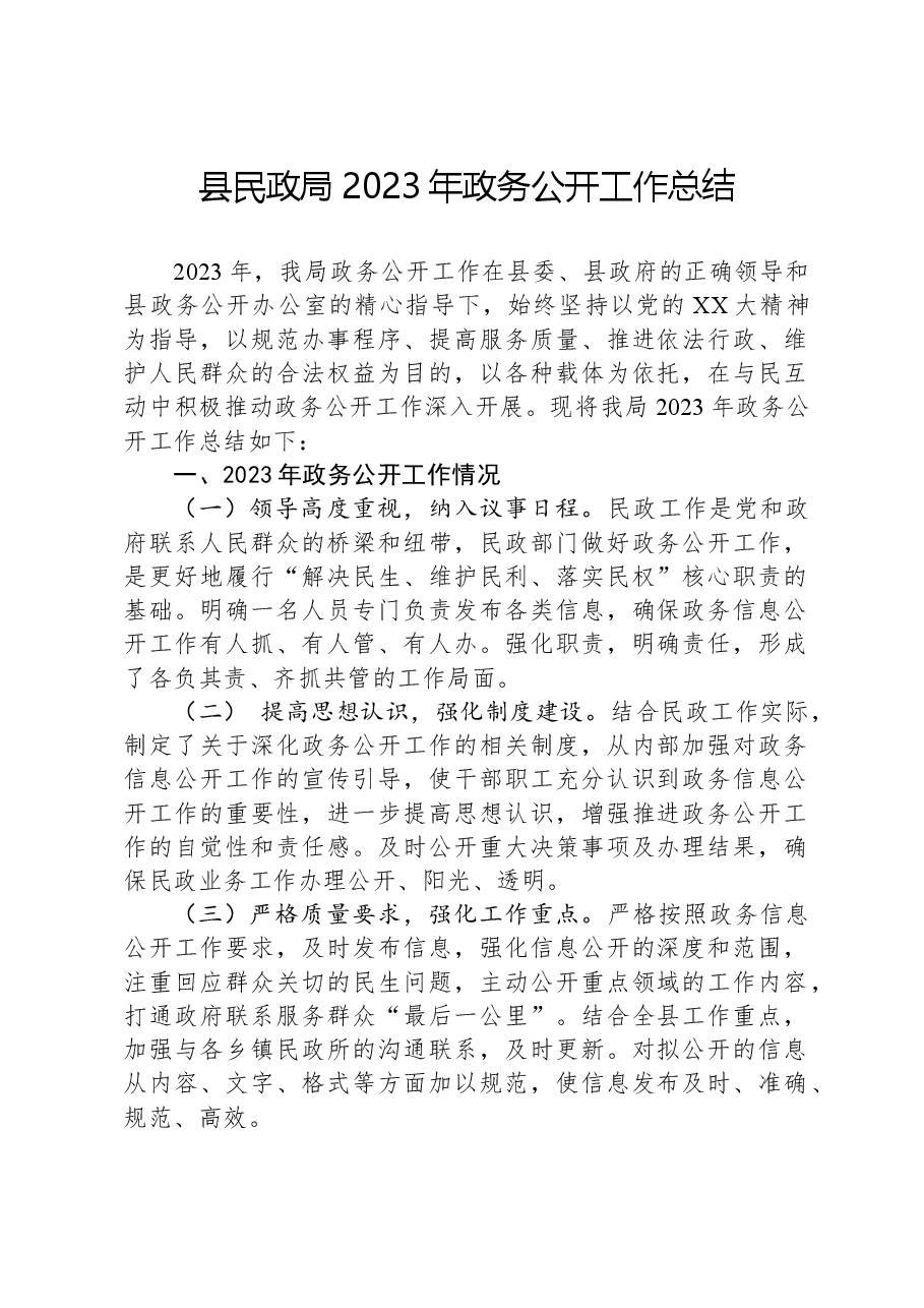 县民政局2023年政务公开工作总结.docx，第1页预览