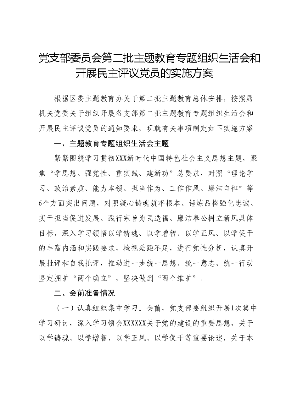 党支部委员会第二批主题教育专题组织生活会和开展民主评议党员的实施方案.docx，第1页预览