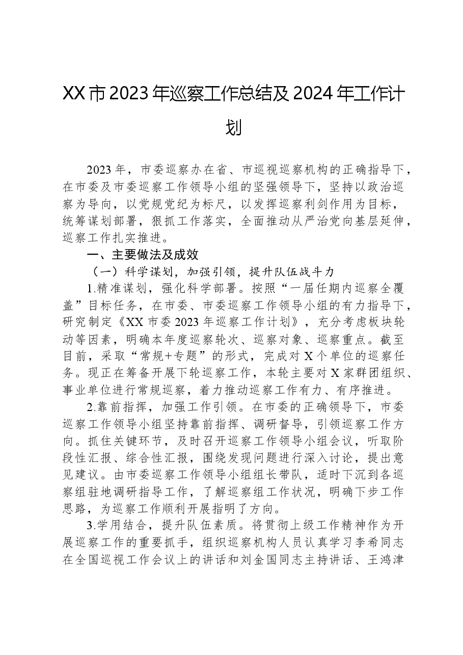 XX市2023年巡察工作总结及2024年工作计划.docx,第1页预览
