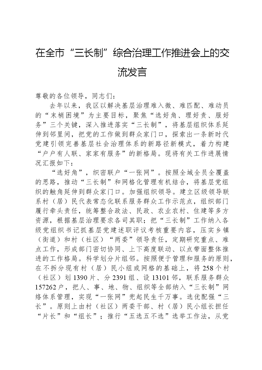 在全市“三长制”综合治理工作推进会上的交流发言.docx,第1页预览