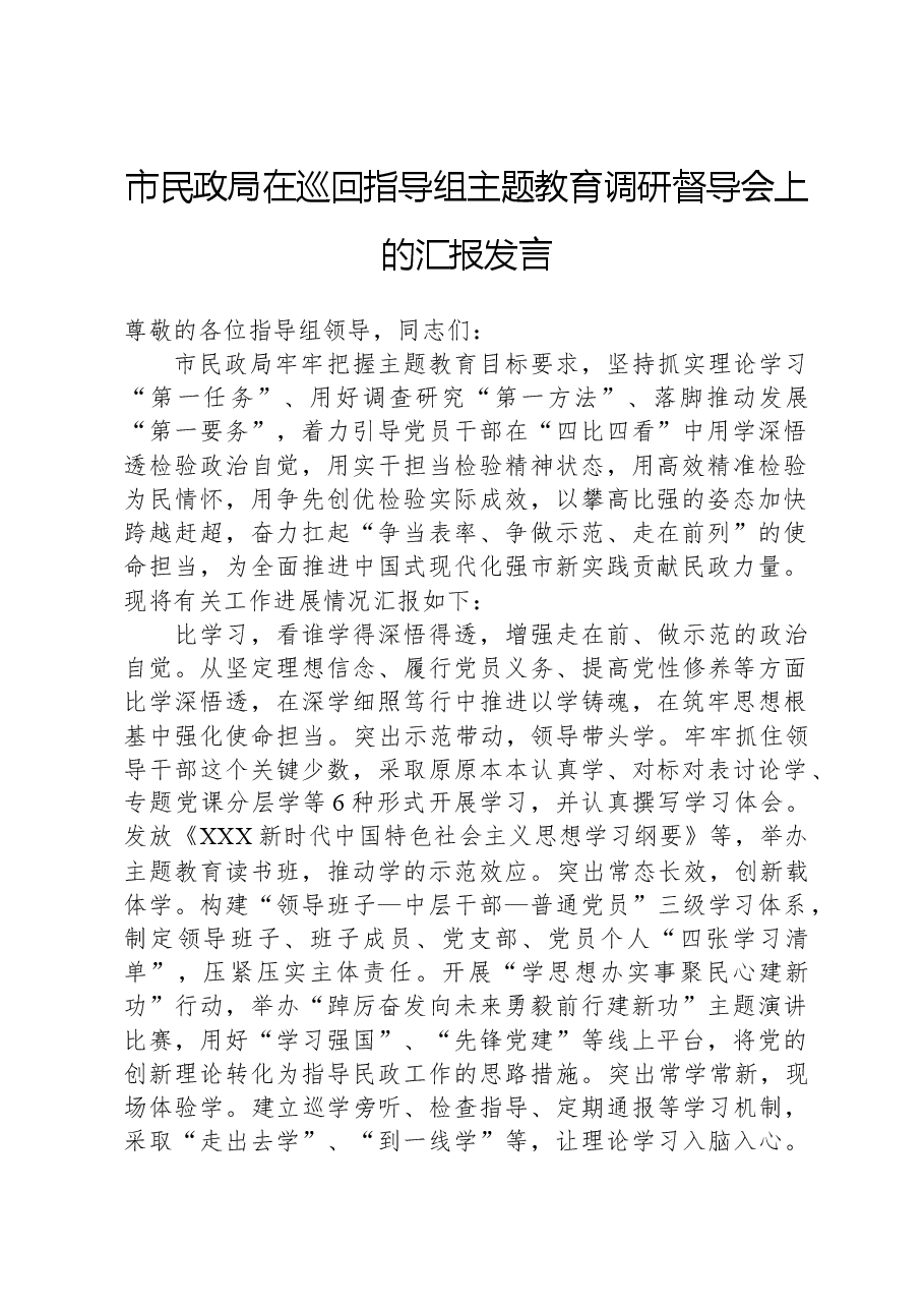 市民政局在巡回指导组主题教育调研督导会上的汇报发言.docx,第1页预览