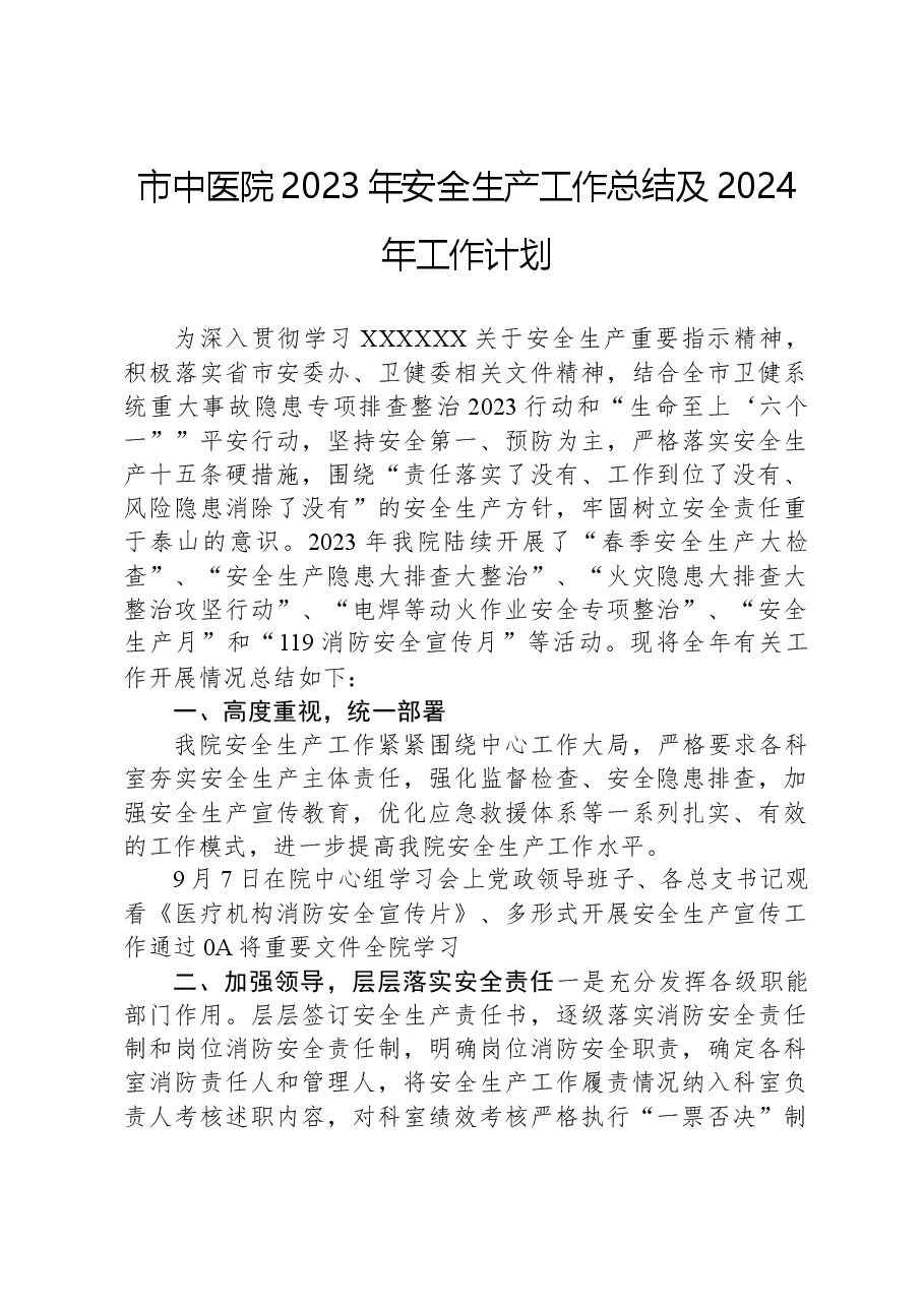 市中医院2023年安全生产工作总结及2024年工作计划.docx,第1页预览