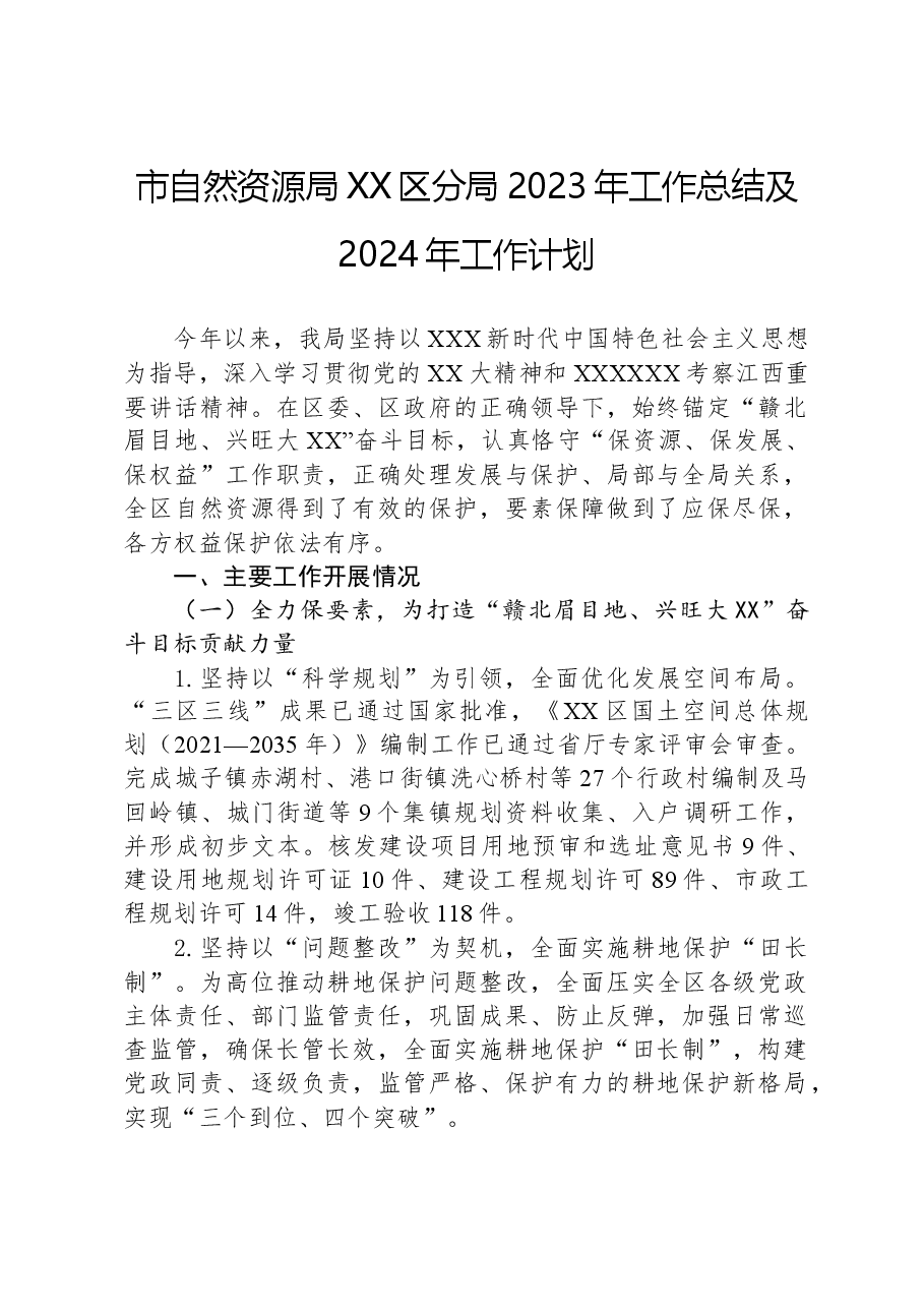 市自然资源局XX区分局2023年工作总结及2024年工作计划.docx,第1页预览