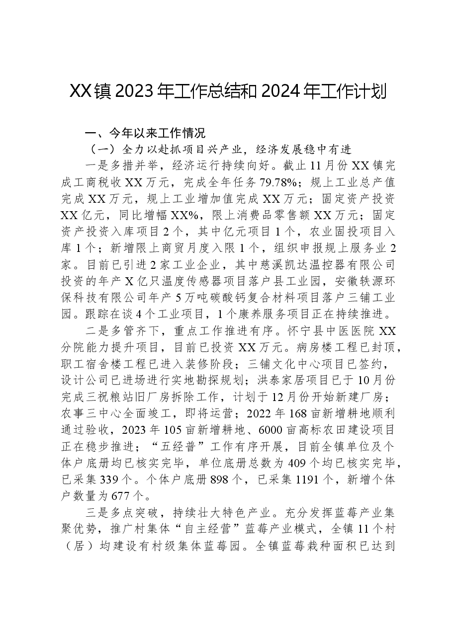 XX镇2023年工作总结和2024年工作计划01.docx,第1页预览