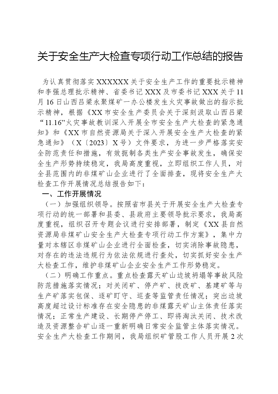 关于安全生产大检查专项行动工作总结的报告.docx,第1页预览