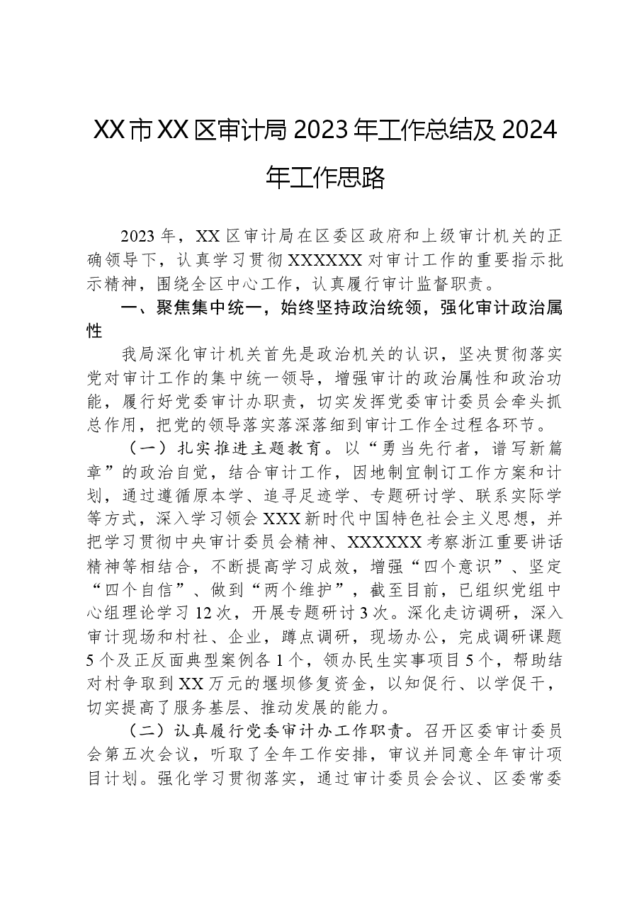 XX市XX区审计局2023年工作总结及2024年工作思路.docx,第1页预览
