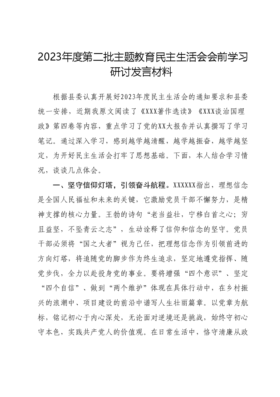 2023年度第二批主题教育民主生活会会前学习研讨发言材料.docx,第1页预览