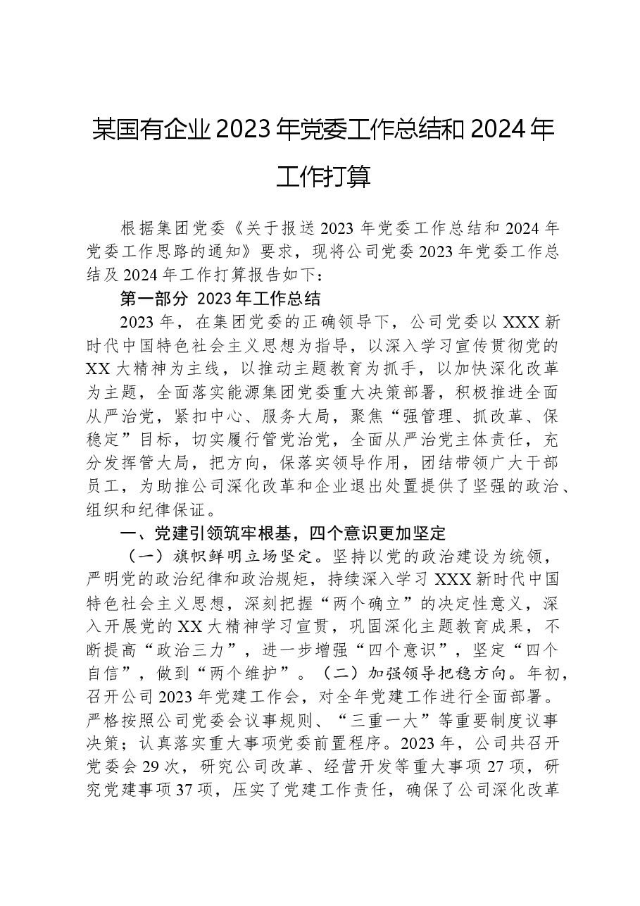 某国有企业2023年党委工作总结和2024年工作打算.docx,第1页预览