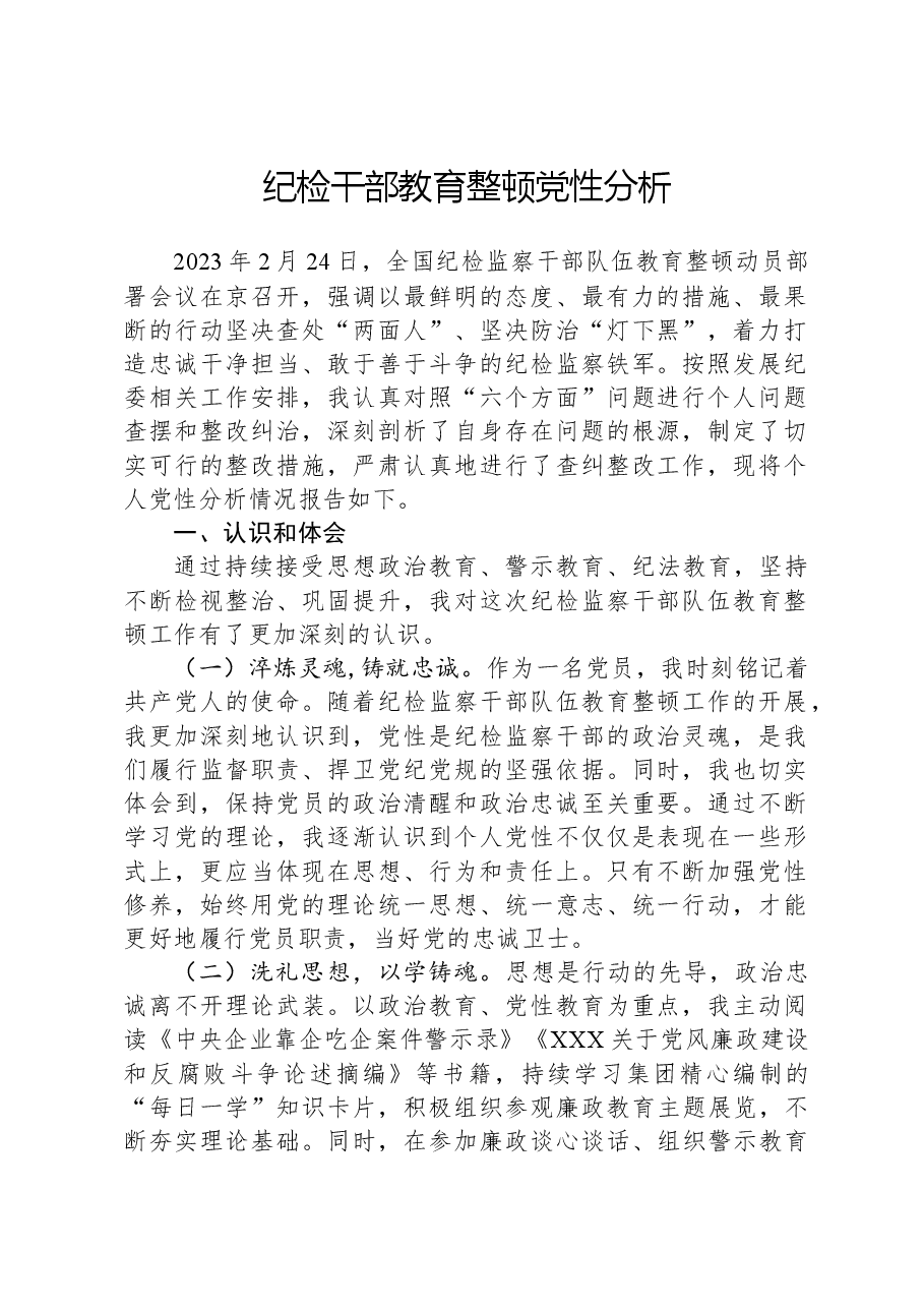 纪检干部教育整顿党性分析.docx,第1页预览
