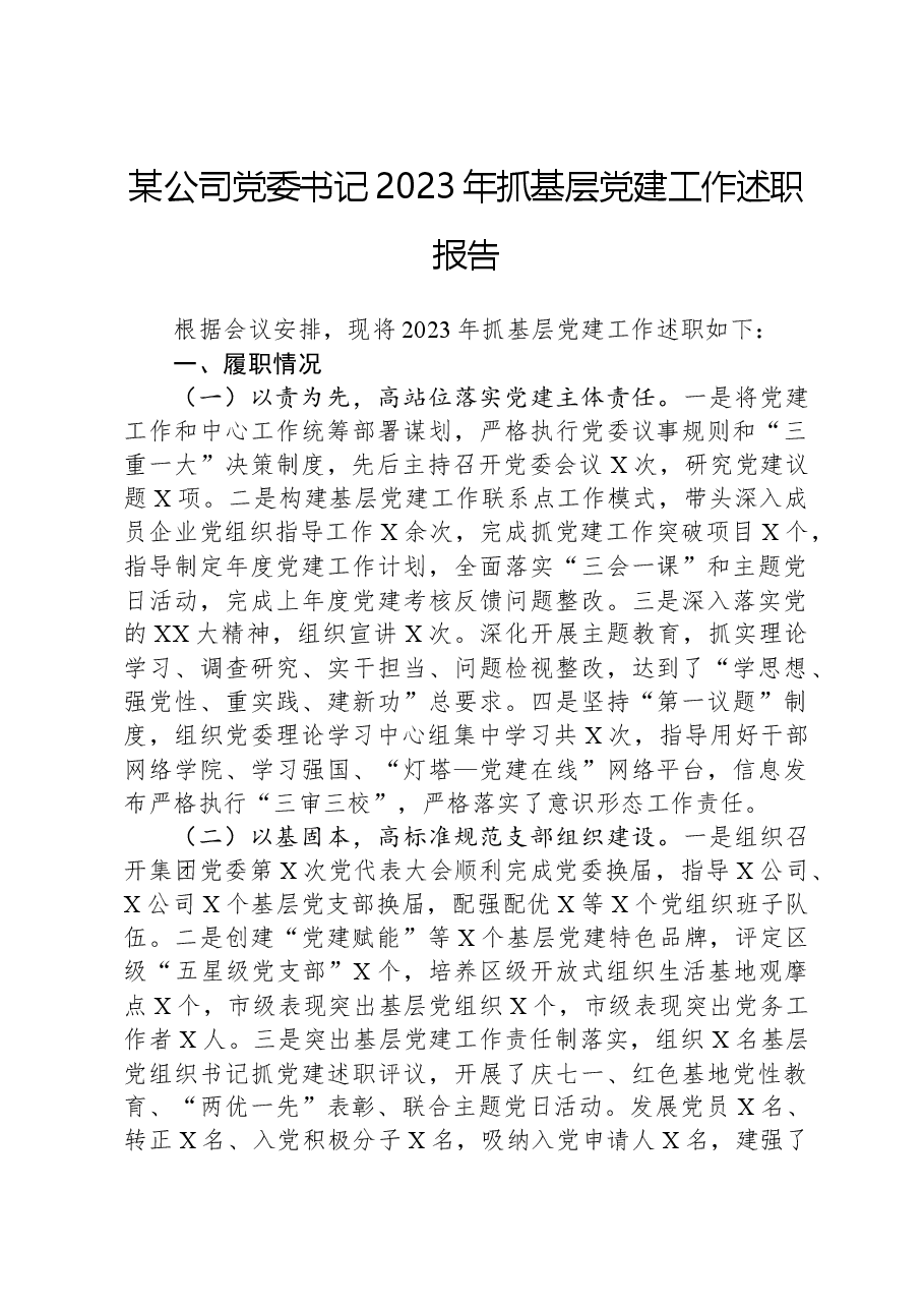 某公司党委书记2023年抓基层党建工作述职报告.docx，第1页预览