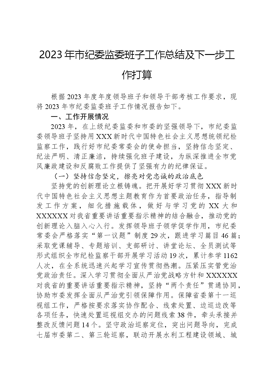 2023年市纪委监委班子工作总结及下一步工作打算.docx,第1页预览